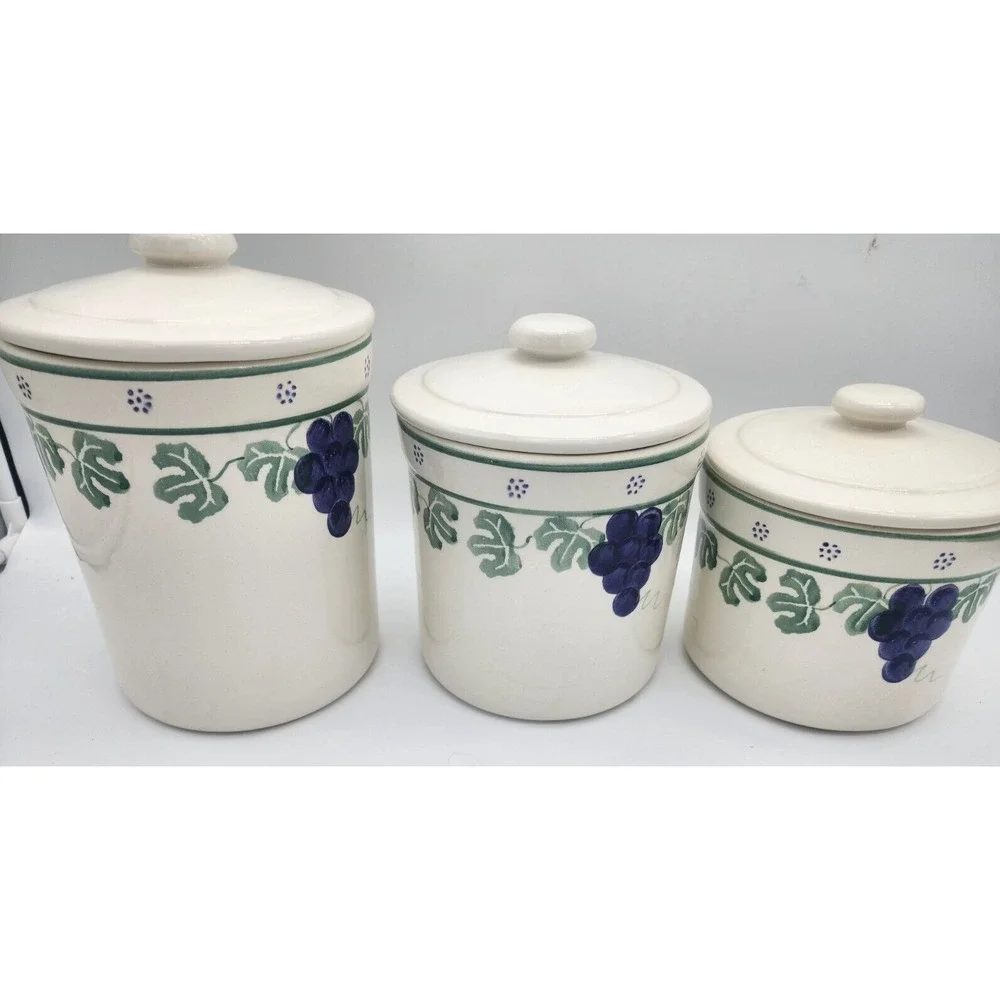 3 Large Heavy Grapes Vines Santa Ana CROCK SHOP Rubber Seal Canisters EXC JARS